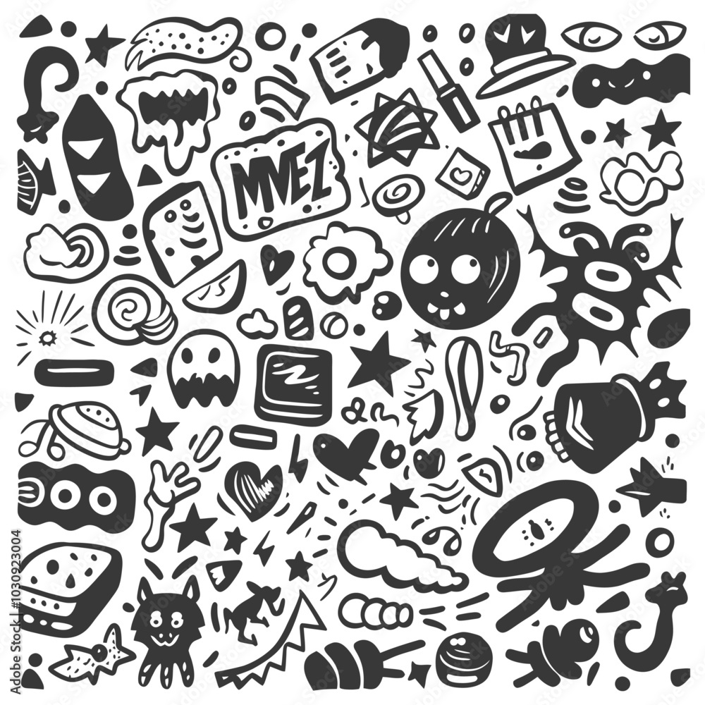 Hand drawn Black and White Doodle Art with Various Shapes and ...