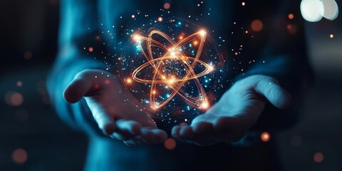 Wall Mural - person holding glowing digital atom hologram, representing innovation, technology, and futuristic co