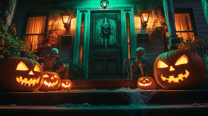 Spooky Halloween decorations with glowing pumpkins and skeletons on a haunted porch at night