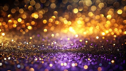 glittering abstract background with blurred lights in gold, purple, and black colors