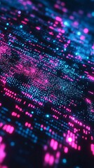 Stream of binary code is glowing and flowing in a dark cyberspace, creating a technological background about big data