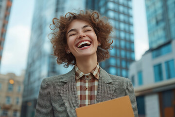 Successful businesswoman holding documents and laughing outdoors