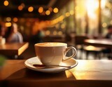 Una taza de café caliente sobre una mesa en una cafeteria de ambiente cálido