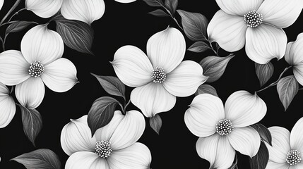 Poster - Seamless floral pattern with blooming dogwood flowers and leaves in monochrome colors, creating an elegant and classic design