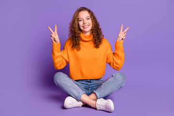 Canvas Print - Full size photo of nice young girl show v-sign wear pullover isolated on violet color background