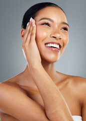 Canvas Print - Thinking, makeup or hand of woman with manicure in studio on grey background for facial glow. Beauty treatment, ideas or face of confident model with cosmetics, skincare and transformation results