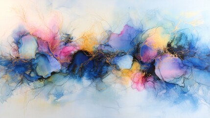 Abstract alcohol ink painting with blue, pink, yellow and gold colors, resembling a colorful universe or galaxy with nebulas and stars