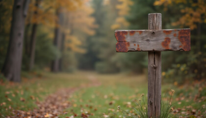 Wall Mural - an empty sign board on the background of a forest, made of wood, old and weathered plaque