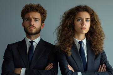 Business people frowning with arms crossed on grey background