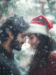 The romantic of young couple in love with wearing wool and santa hat in the winter season on bokeh background.. valentine love woman and man
