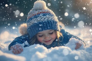 Joyful child playing in snow with winter hat and mittens in magical snowfall scene