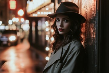 Mysterious woman in hat gazing into the night under city lights