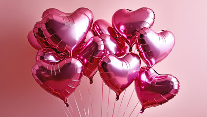 Wall Mural - Heart-Shaped Balloons Floating against Clean Pink Background, St. Valentine’s Romantic Banner