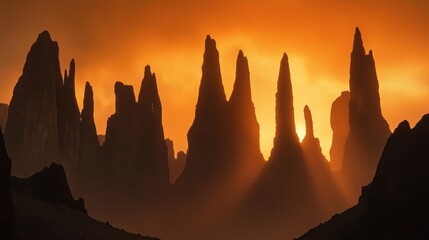 Sticker - Silhouetted rock formations against a vibrant orange sunset sky.