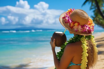 Tropical paradise: woman in straw hat enjoying coconut by the beach