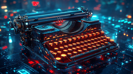 Retro Typewriter with Futuristic Techno Design, Close-Up Mechanical Keys with Neon Illumination, Blending Vintage Aesthetic with Sci-Fi Elements, Steampunk Style, Industrial Technology Theme