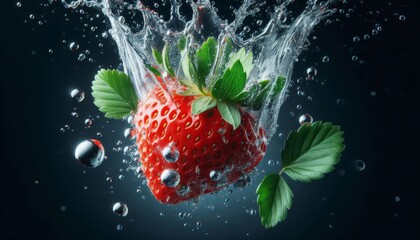 strawberry falling into water , fresh strawberry Falling into water 