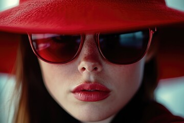 Wall Mural - Woman with red hat and sunglasses