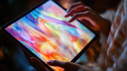 Closeup of hands holding a tablet with an abstract background