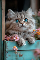 Maine coon kitty in green wood box with flowers.