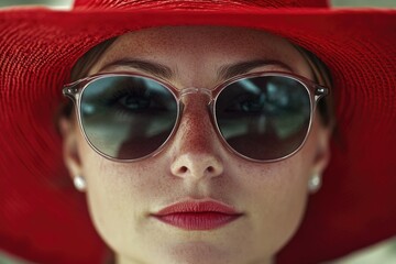 Wall Mural - Woman with red hat and sunglasses