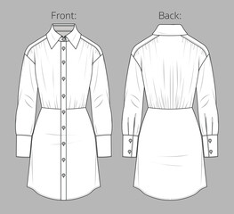 Wall Mural - Vector mini dress technical drawing, long sleeved shirt dress with gathering fashion CAD, woman dress with shirt collar sketch, template. Woven fabric short dress with front, back view, white color