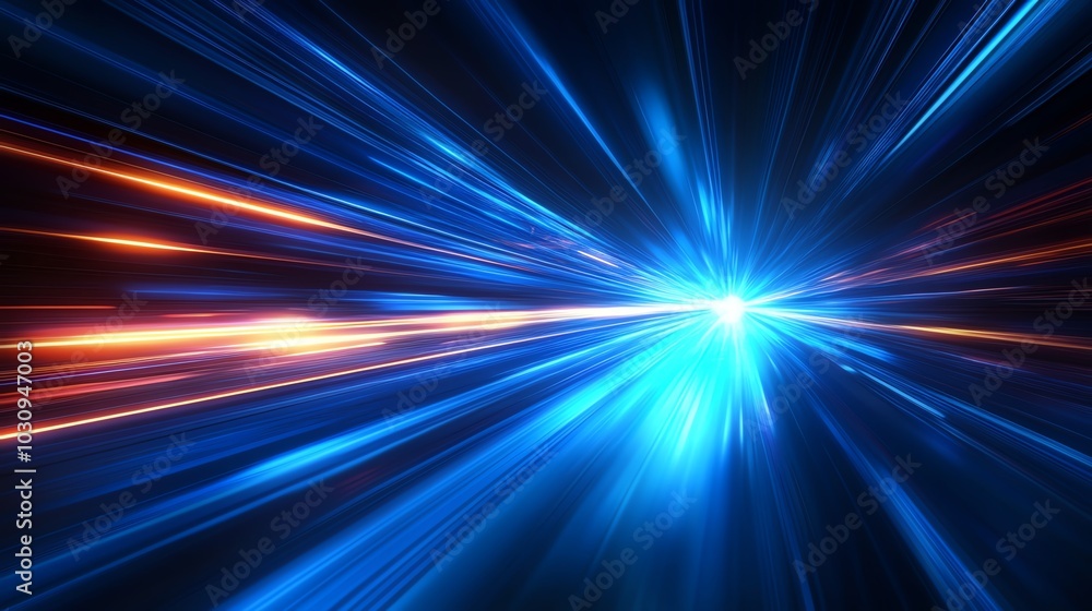 Dynamic blue light beams radiate across the dark background, creating a mesmerizing effect of energy and movement.