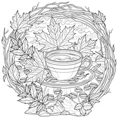 Wall Mural - A cup of coffee and autumn leaves in a frame of twigs.Coloring book antistress for children and adults. 