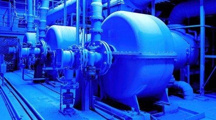 Blue Industrial Machinery and Pipes in a Factory Setting