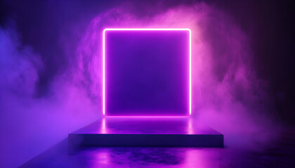 Cyberpunk Galaxy Podium, Futuristic Product Pedestal with Neon Square Frame, Purple Glow and Smoke  