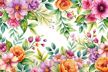 watercolor floral pattern, reflected design, pink orange purple blossom, green leaves