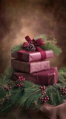 Wall Mural - Wrapped gifts in rich burgundy ribbons are beautifully displayed with greenery and berries, creating a festive atmosphere perfect for the Christmas season