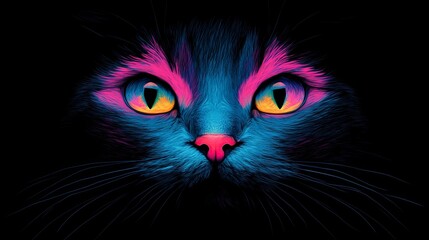 Wall Mural - Close-up of a cat's face with neon pink and blue colors against a black background.