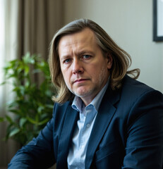 serious man in their 50s with long hair, data entry clerk, smart casual attire suit, studio lighting