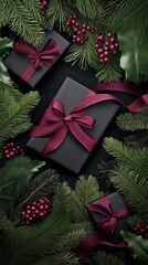 Wall Mural - Wrapped gifts in rich burgundy ribbons are beautifully displayed with greenery and berries, creating a festive atmosphere perfect for the Christmas season