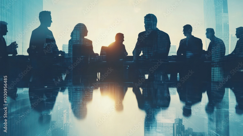 Double exposure image of many business people conference group meeting ...