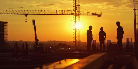 Silhouettes of engineers in a hard hats at sunrise, with a construction site in the background. Construction workers starting their day at building site.