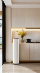 Wall Mural - This inviting kitchen showcases light beige cabinets and white marble tiles, complete with a gas stove, decorative pots, and a lovely flower vase on the countertop