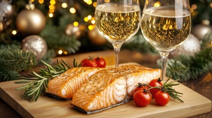 A beautifully seared salmon fillet garnished with cherry tomatoes and rosemary is presented on a plate next to two glasses of white wine, set against a festive Christmas tree backdrop