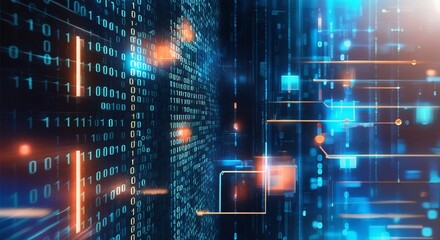 Digital Matrix: Abstract, digital, code, binary, data, technology, futuristic, cyberspace, network, information, internet, world wide web, server, cloud computing, artificial intelligence.