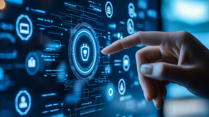 futuristic interface with hand interacting, showcasing security icons and digital technology for cyb