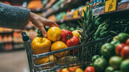 woman hand hold supermarket shopping cart with abstract blur organic fresh fruits and vegetable on shelves in grocery store defocused bokeh light background