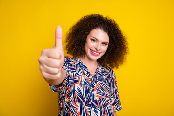 Poster - Photo portrait of pretty young girl thumb up wear trendy colorful outfit isolated on yellow color background