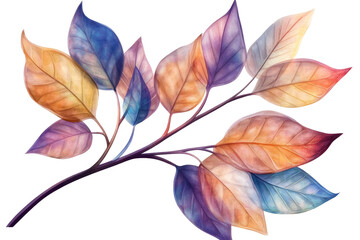 Aufkleber - Colorful leaves branch design with shades of purple, orange, and blue, isolated on a white background.