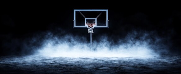 Basketball Hoop in Foggy Night - Sports Background