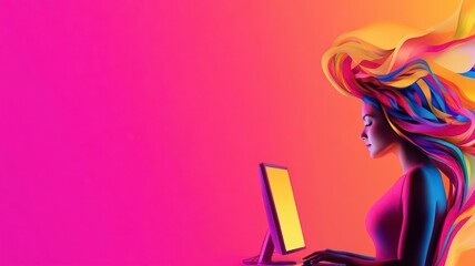 Woman with colorful hair working on a laptop, digital art style