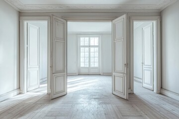 Wall Mural - Open Doors Leading to a White Room with a Window