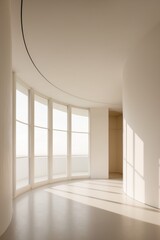 Modern White Interior Design with Curved Walls and Large Windows.