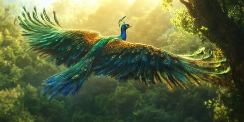 Flying Peacock: Majestic Peafowl Soaring in Vivid Blue and Green Feathers