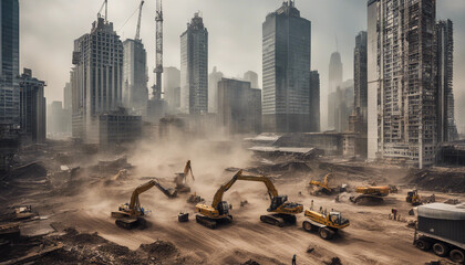 A vibrant construction site filled with heavy machinery like cranes, bulldozers, and excavators.






